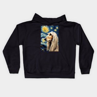 Afghan Hound Dog Breed Painting in a Van Gogh Starry Night Art Style Kids Hoodie